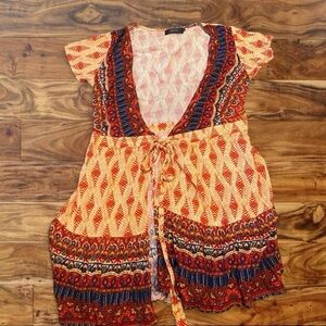 Women's V-Neck Tie-Front Boho Blouse in Orange and Navy